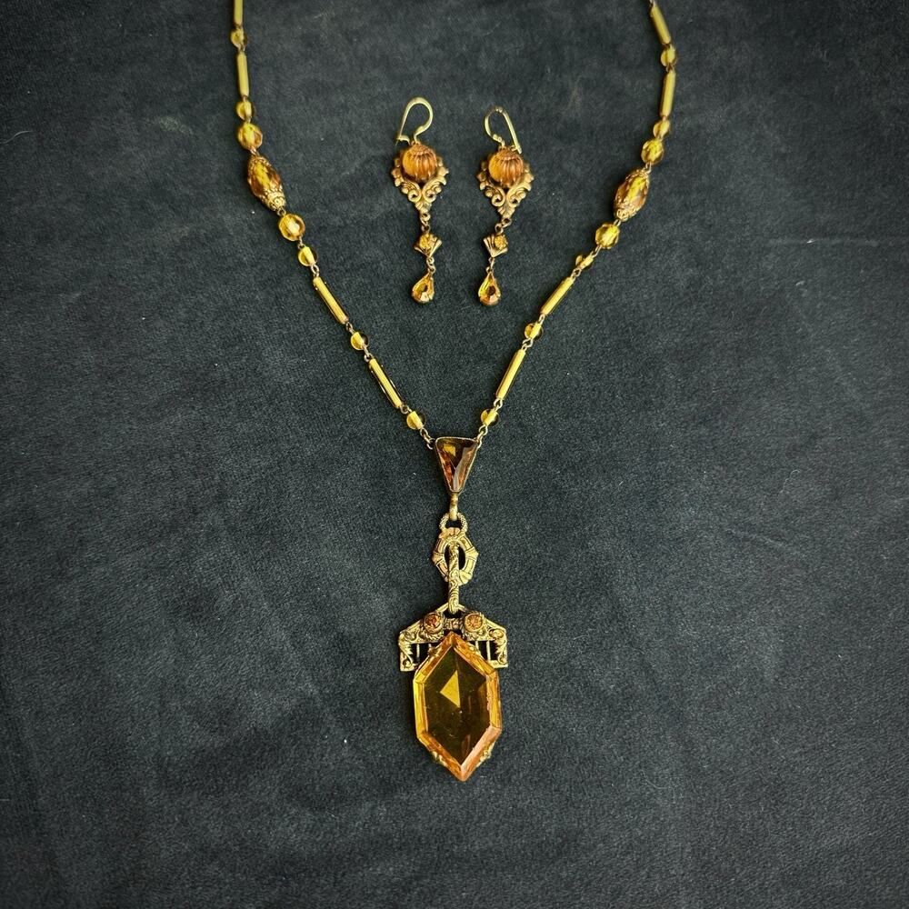 Art Deco Czech Glass Earrings & Necklace Set Amber Yellow Filigree